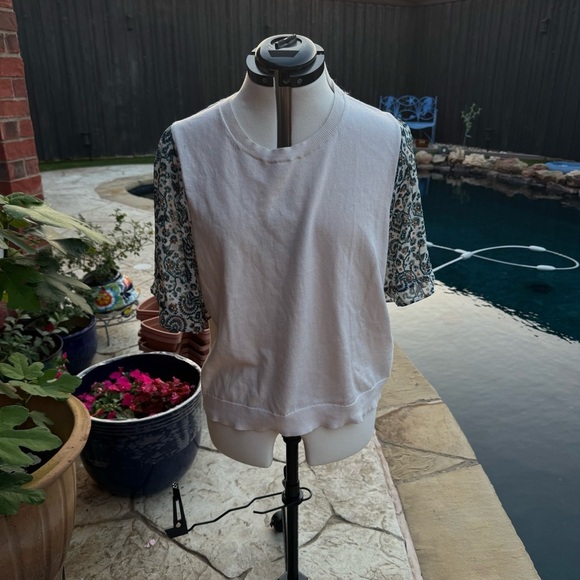 J. Crew Factory Mixed Media Cream for Knit Top with Blue Paisley Sleeves - Picture 2 of 10